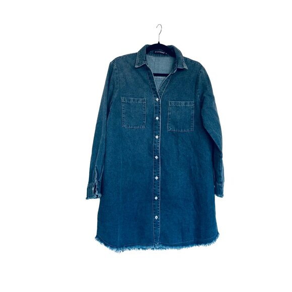 Zilcremo Women Distressed Denim Shirt Dress Long Sleeves in Washed Blue - Picture 2 of 7